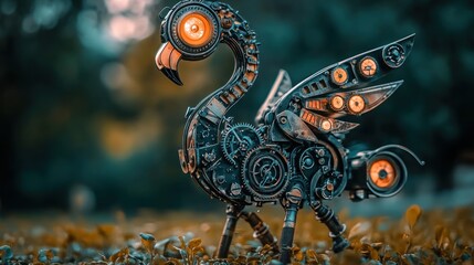 Fototapeta premium Steampunk flamingo robot sculpture in nature.