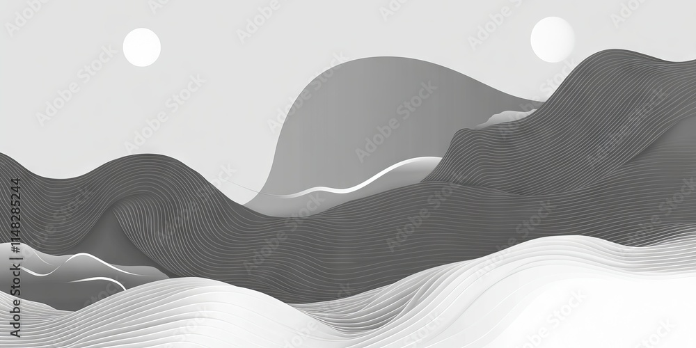 Poster minimalist abstract landscape with flowing lines and two suns in monochrome tones, creating a serene