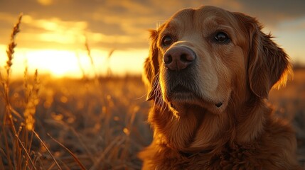 Obraz premium Golden retriever dog at sunset in field.
