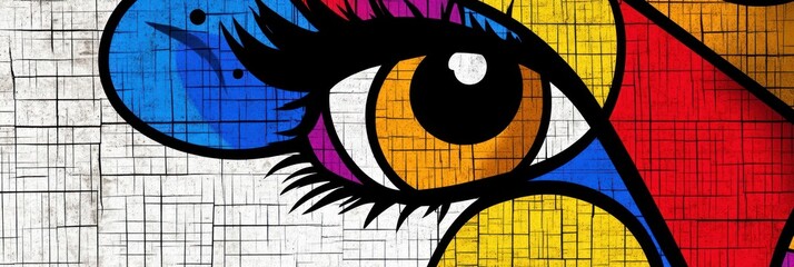 Colorful abstract eye art with vibrant colors and bold lines on a textured background.