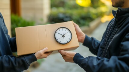 Customer checking the clock while receiving a package, emphasizing punctuality, realistic delivery scene