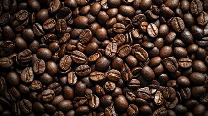Naklejka premium Heap of roasted coffee beans on a dark surface