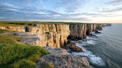 Dramatic coastal cliffs at sunrise, ocean waves crashing against rocky shore, grassy landscape.