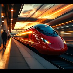 Fototapeta premium High-speed train, sleek red design, train station platform