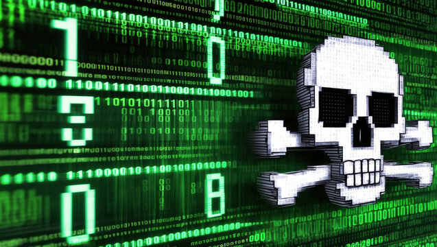 In the unique Hacer Style, this high-tech data stream is illustrated as a 'Skull and Crossbones' emblem over a 'Binary Code' background