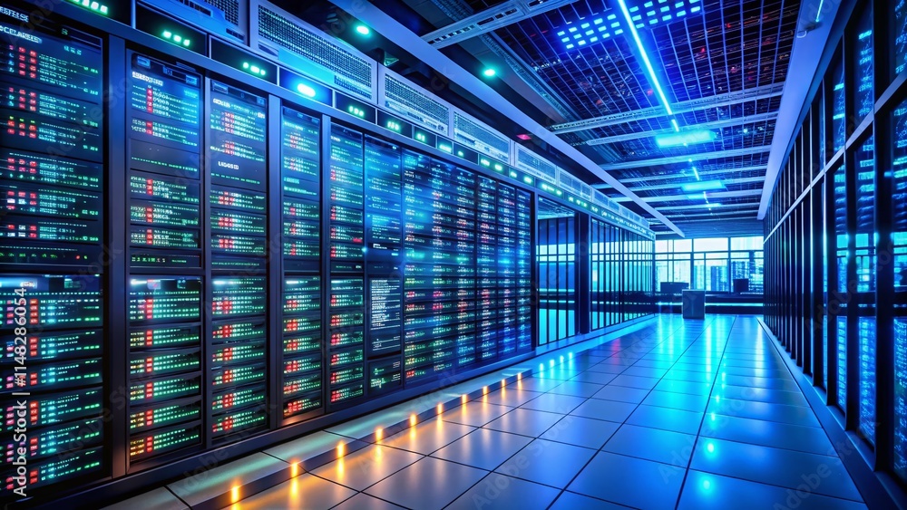 Poster panoramic system log screen, wide angle computer display, digital data stream, cybersecurity monitor