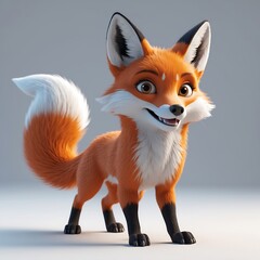 Obraz premium Adorable 3D Render of a Playful Red Fox with a Fluffy Tail, Standing on a Light Gray Background