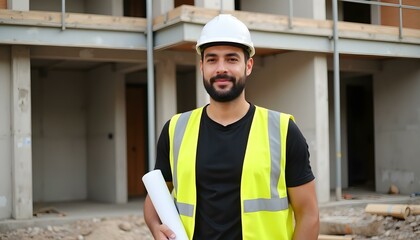 Hispanic construction worker, blueprints, safety gear, construction site 