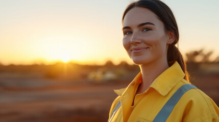 portrait of eurasian graduate apprentice female worker on mine site in Australia wearing high vis at sunset golden hour