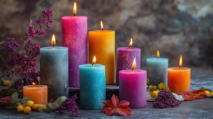 Colorful Candles with Autumn Decor