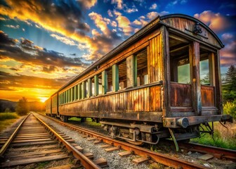 Obraz premium Panoramic View of Historic Wooden Train Car at Old Railway Station - Vintage Railroad Scenery