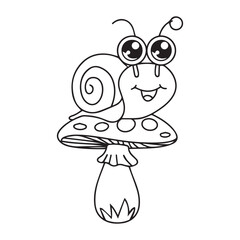 Coloring page with cute snail and mushrooms in grass for kids, kawaii black and white cartoon insects themed educational worksheet for print, game for preschoolers
