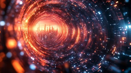 Fototapeta premium Futuristic Cityscape Viewed Through A Glowing Portal