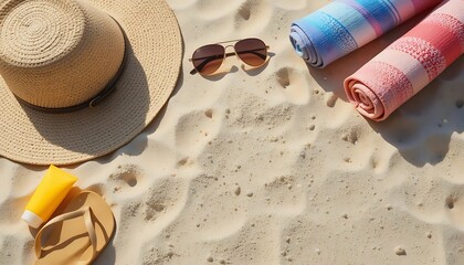 Beach Essentials: Sun Hat, Towels, Sunglasses, and Flip-Flops in a Sunny, Summery Scene