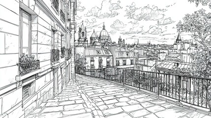 Obraz premium A detailed line drawing of a scenic cityscape with rooftops and distant domes.