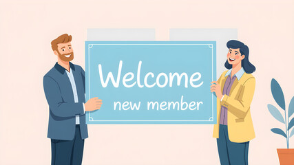 illustration people holding a welcome board to greet a new employee. new member concept, welcome words. flat design. can be used for elements, landing pages, UI. Generative AI