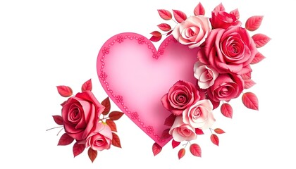 Elegant floral heart wreath with roses and leaves, perfect for Valentine-themed wedding invitations.