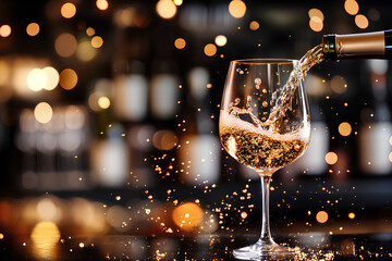 Luxurious Wine Pouring into a Crystal Glass with Golden Glow and Reflections  

