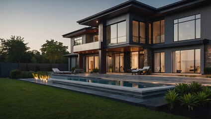 Obraz premium Contemporary Residence with Swimming Pool and Fire Pit at Dusk