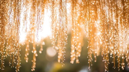 Obraz premium Golden weeping plant with dew drops in sunlight.