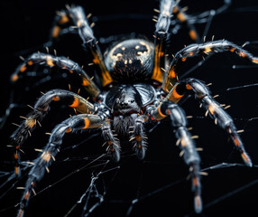 Close-Up Photograph of a Colorful Black and Orange Spider on a Web, Perfect for Nature Enthusiasts and Wildlife Projects