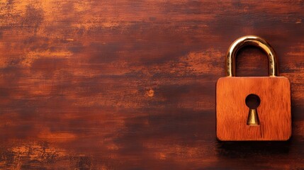 Fototapeta premium Vintage Wooden Padlock on Rustic Brown Background with Keyhole