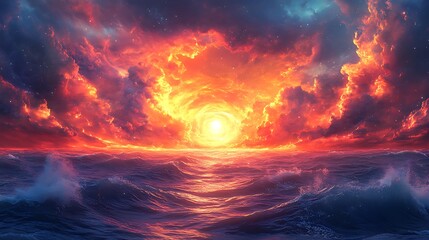 Obraz premium Fiery Sunset Over a Dramatic Ocean Wavescape