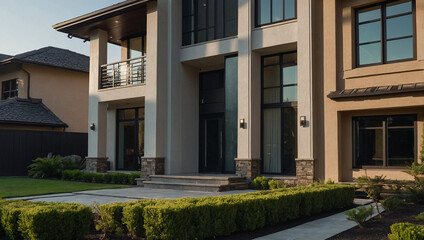 Fototapeta premium Modern luxury home with beige stucco exterior, large windows, and landscaped front yard. Features a multi-level design with a balcony and stone accents. Adjacent home partially visible.