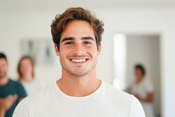 Fototapeta premium Cheerful young man bright room portrait photography indoor setting direct view positive vibes