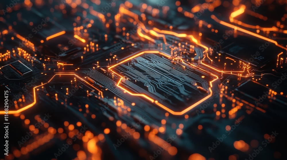 Poster a close-up view of a digital circuit with bright orange lines. the intricate design showcases techno