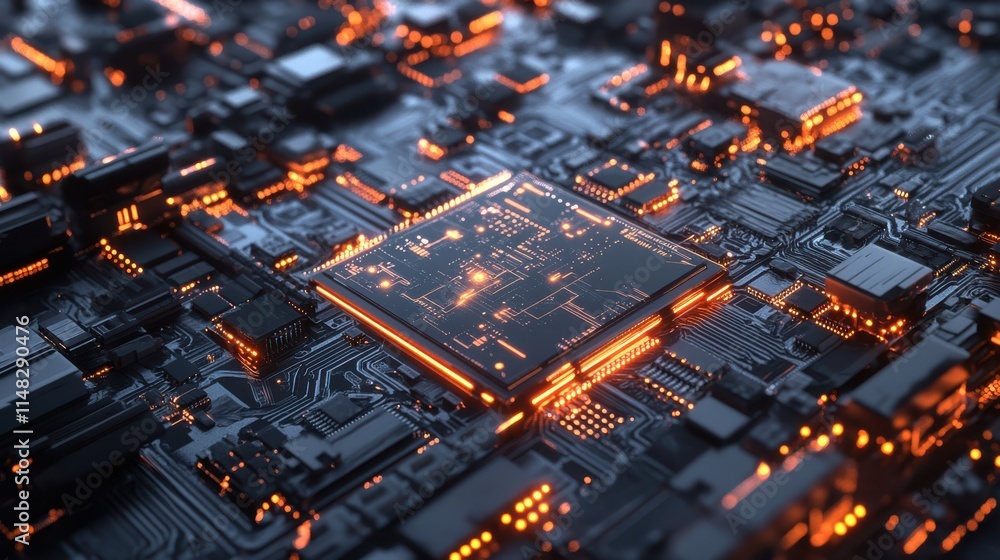 Poster a close-up view of a futuristic circuit board with glowing orange lights. the microchips create a co