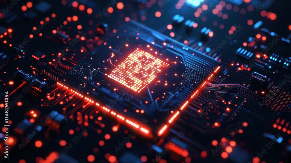 Poster a colorful close-up view of a modern computer chip glowing in bright colors. the intricate details s