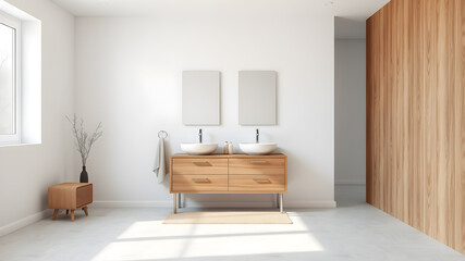 Indoor photo of frontal view, minimalism, modern style in design, light colors, bathroom on the wall above the sink two mirrors, on the floor furniture, wood finish on one wall, Generative AI