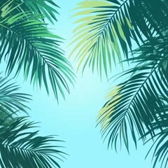 A tropical scene with palm trees and a blue sky. The palm trees are green and the sky is clear and bright