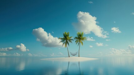 Fototapeta premium Serene hammock between palm trees on a secluded tropical island.
