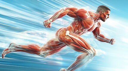 Dynamic human figure showcasing muscle structure in action. The image portrays speed and strength, with muscles visibly tensed as the figure sprints forward.