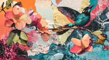 Creative handmade collage design with layered paper, fabric swatches, and hand-painted elements forming a visually captivating and innovative artwork full of artistic flair