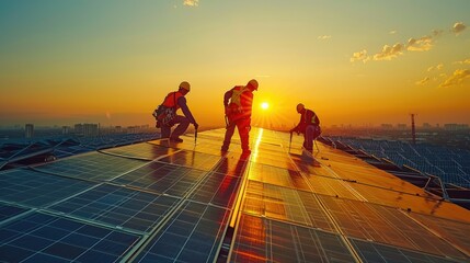 Technicians work on solar panel installation at sunset in urban location