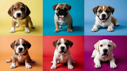 Six Adorable Puppies Posing Against Vibrant Colored Backgrounds