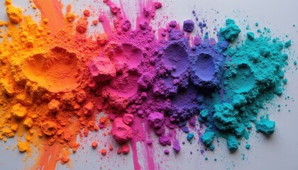 The image shows vibrant colored powders in shades of orange, pink, purple, and blue scattered on a surface, reminiscent of Holi celebrations. The colors are spread out and mixed, creating a visually s
