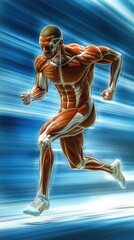 Dynamic human anatomy in motion, showcasing muscle structure during a sprint. This image captures the essence of strength, speed, and athleticism in athletic training.