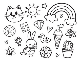 Cute element doodle cartoon hand drawn black line icon set , coloring book for kids