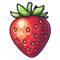 Obraz premium Single ripe red strawberry with green leaves.