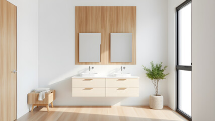 Indoor photo of frontal view, minimalism, modern style in design, light colors, bathroom on the wall above the sink two mirrors, on the floor furniture, wood finish on one wall, Generative AI