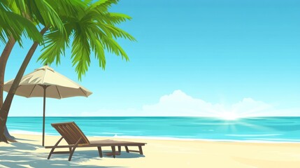 Idyllic beach scene sun lounger under palm trees.