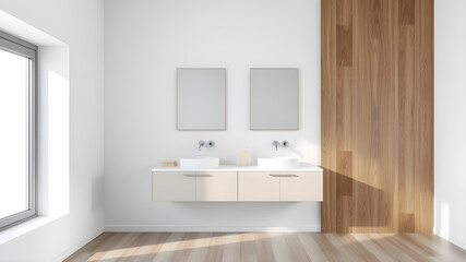 Indoor photo of frontal view, minimalism, modern style in design, light colors, bathroom on the wall above the sink two mirrors, on the floor furniture, wood finish on one wall, Generative AI
