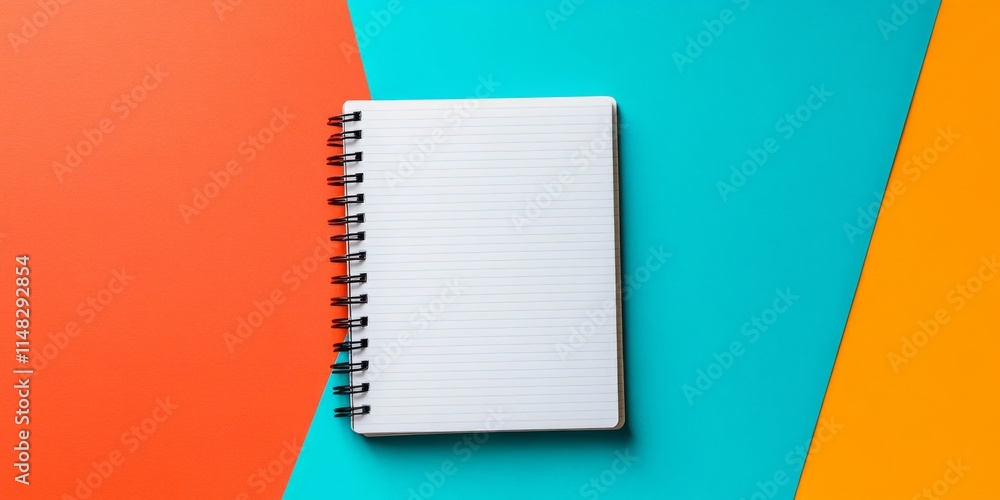 Poster a spiral bound notebook sits on a colorful background. the notebook is white and has a black spine. 