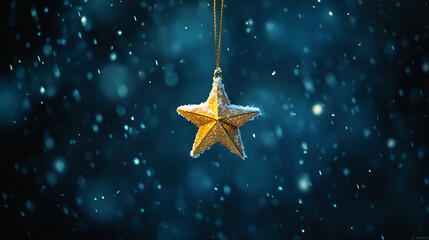A vibrant gold star garland shining against a deep blue winter night sky, with soft snowflakes drifting down, making it ideal for holiday decorations and winter event designs.