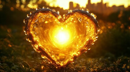 A hand-drawn heart glowing like the sun on a foggy glass window with raindrops, cityscape in the background bathed in golden yellow and deep red sunset hues, copyspace available
