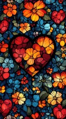 Colorful floral heart emerging from a field of flowers